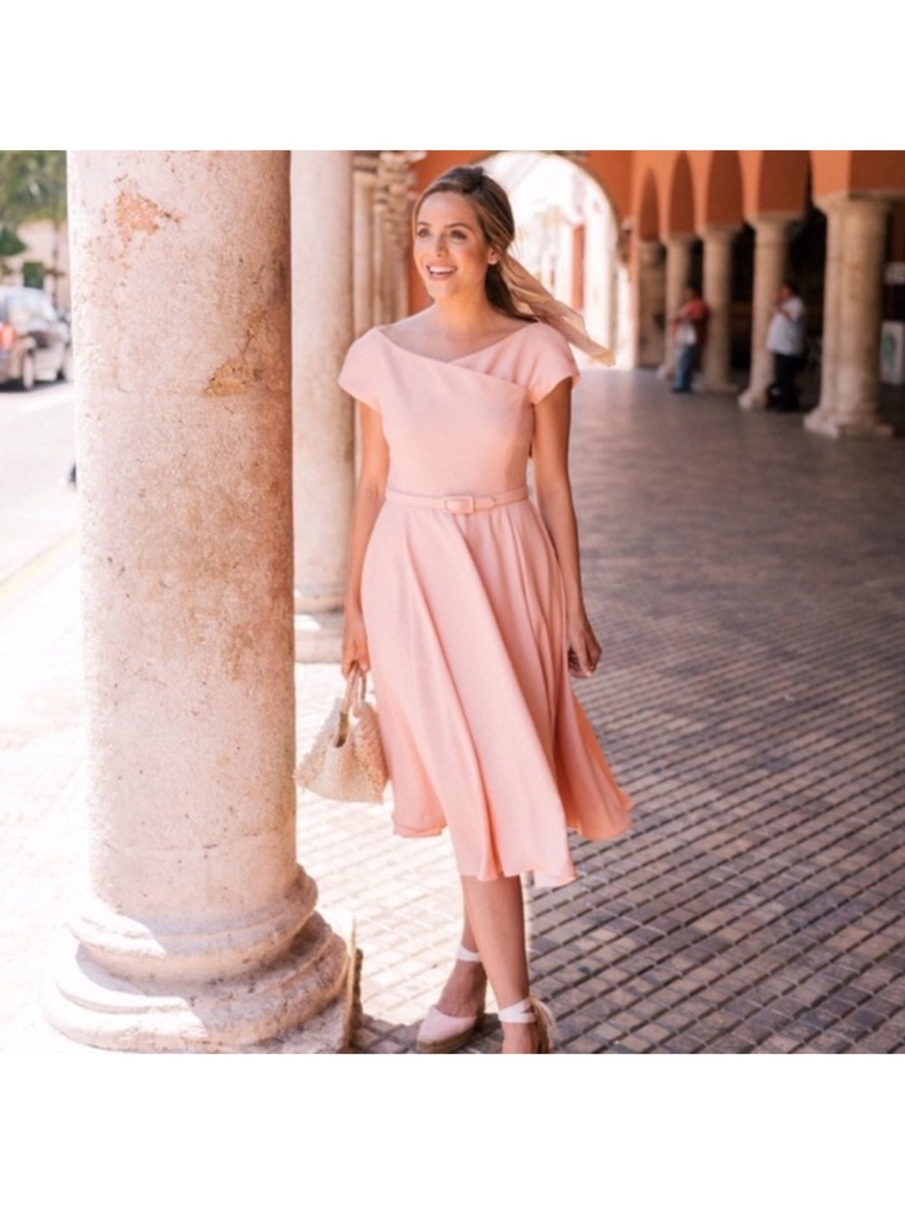 Gal Meets Glam Blush Pink Off-Shoulder Belted Midi Dress